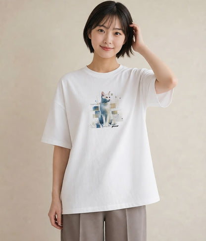 Tシャツ レディース ロシアンブルー 猫 ねこ イラスト ラフカジュアル 女性 旅行用 白T