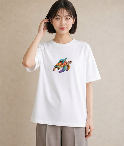 半袖Tシャツ レディース ウミガメ 海の生き物 海 イラスト お洒落 お出かけ 普段着 白T
