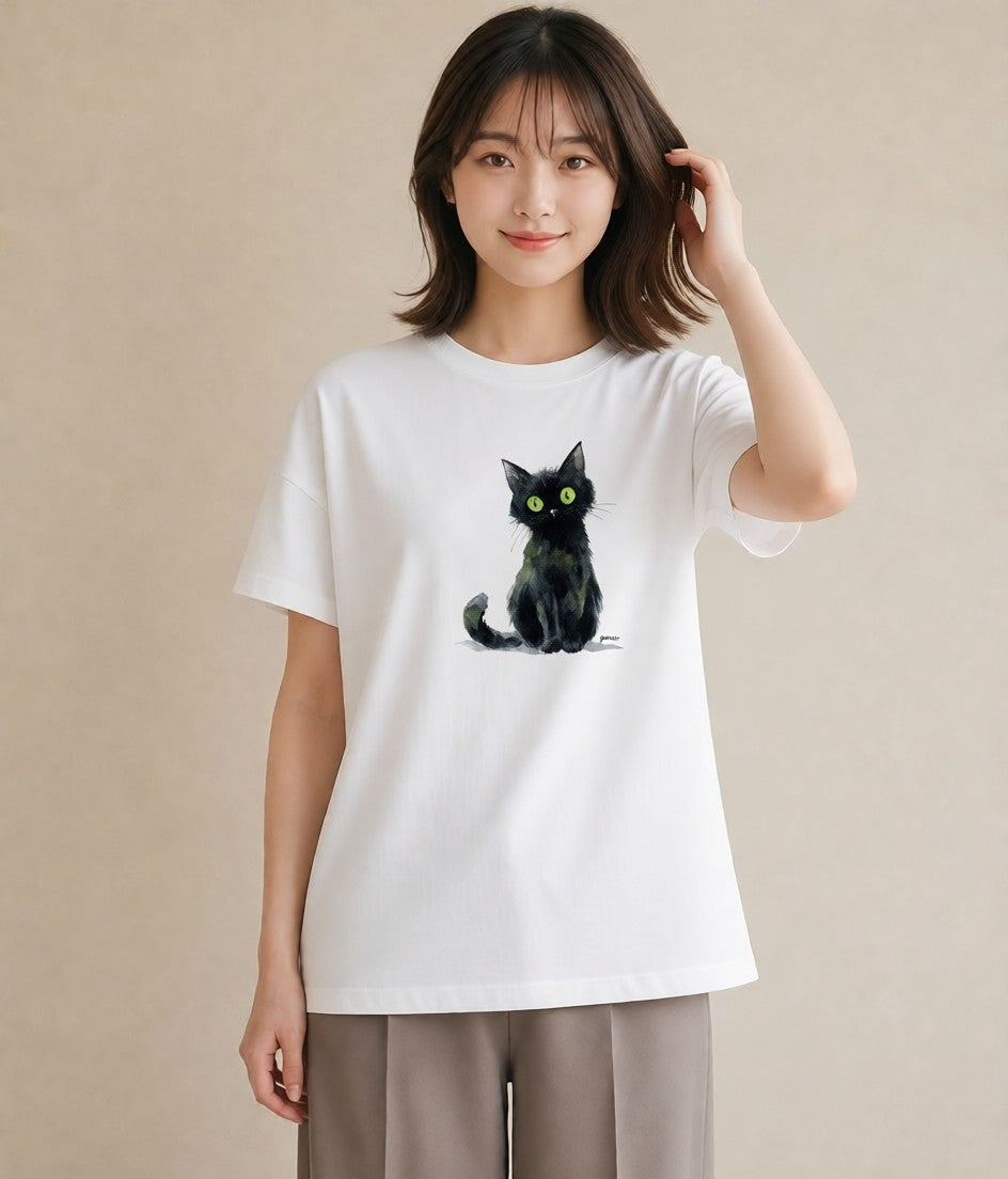 デザインTシャツ レディース 黒猫 猫 ねこ イラスト アート風 母娘コーデ 自分用 白T