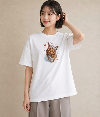 半袖Tシャツ レディース ソマリ 猫 ねこ イラスト ミニマル 綿100 デート 白T