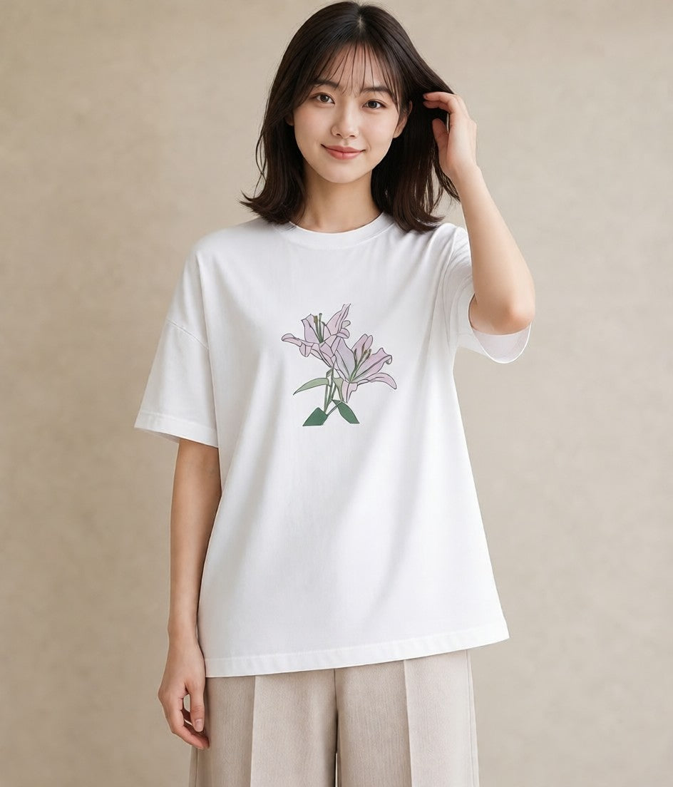 プリントTシャツ レディース ゆり 百合 花 花柄 イラスト 北欧風 旅行 母娘コーデ 白T