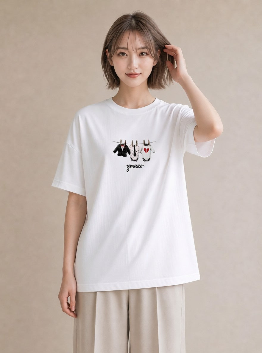 プリントTシャツ レディース 洗濯物 風 ナチュラル アンティーク イラスト 旅行コーデ デート 帰省 白T