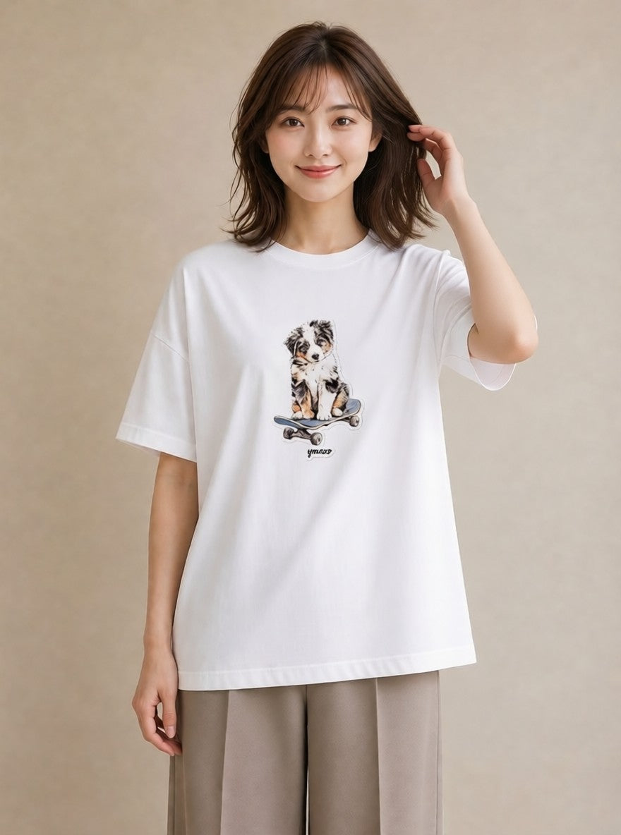 プリントTシャツ レディース ボーダーコリー 犬 いぬ イラスト ヴィンテージ風 公園 ママ 白T