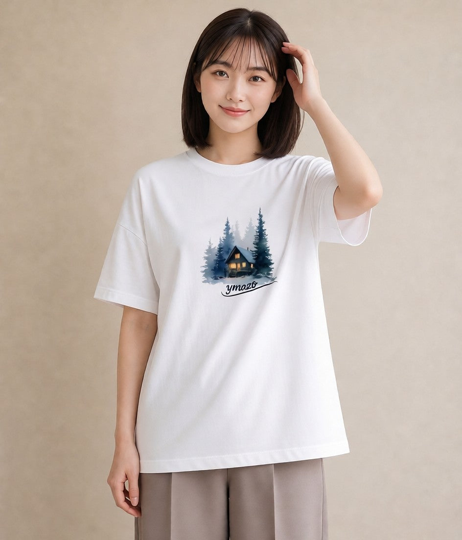 半袖Tシャツ レディース 灯りの家 小屋 夜 ナチュラル アンティーク イラスト カフェコーデ ラフ レイヤード 白T