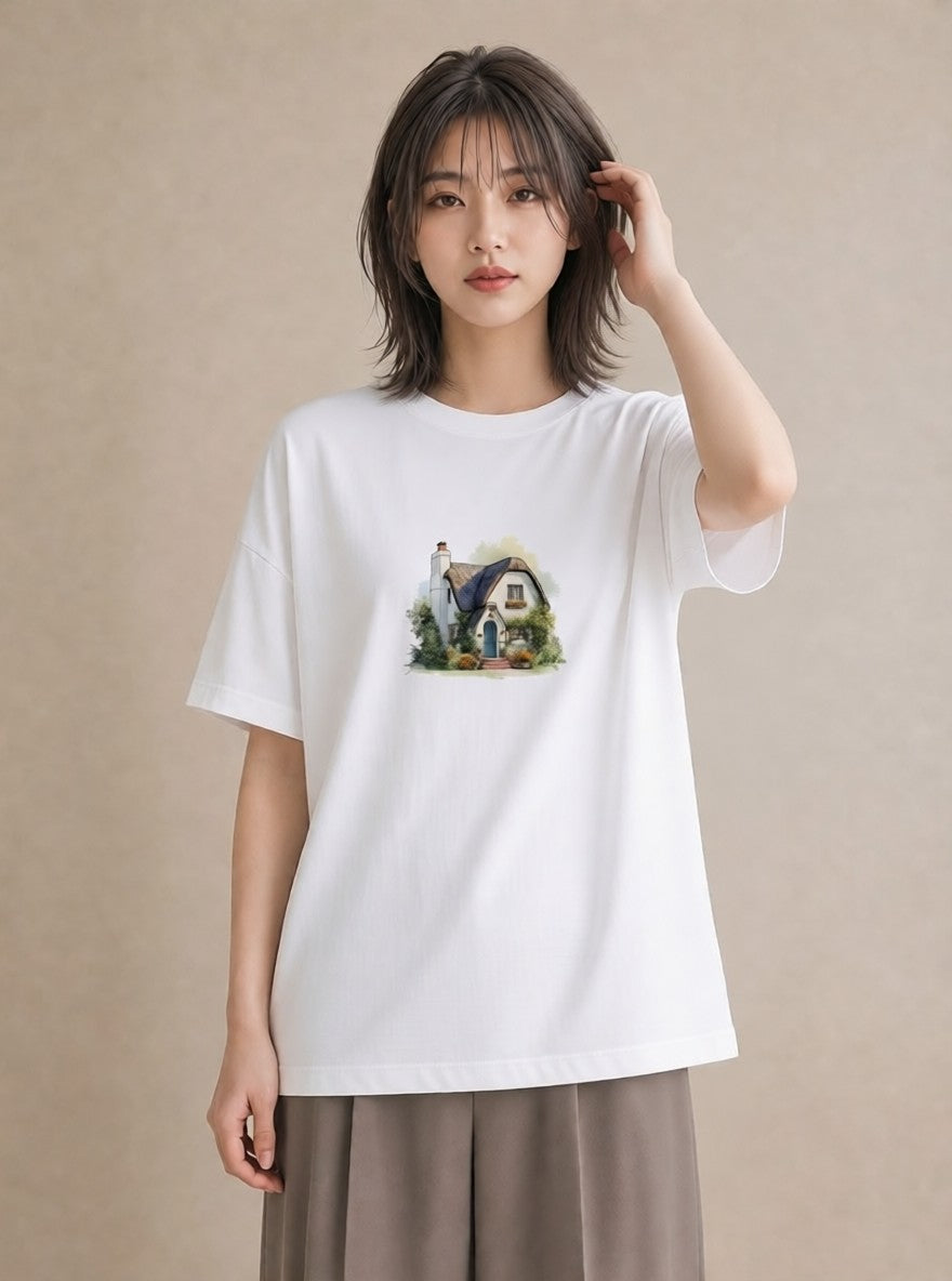 プリントTシャツ レディース 湖畔の小屋 湖 小屋 ナチュラル アンティーク イラスト ヴィンテージ風 秋コーデ おしゃれギフト 白T