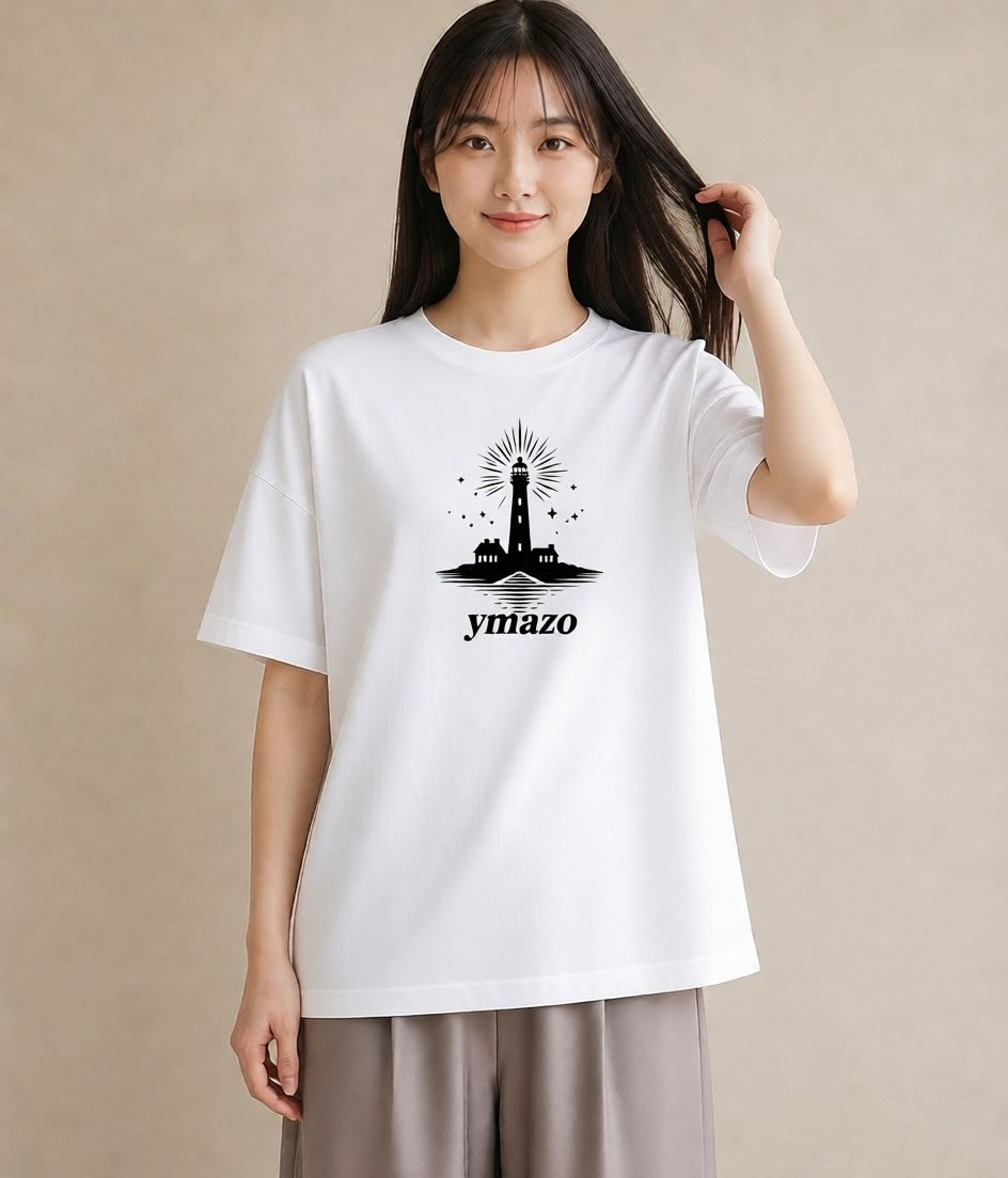 プリントTシャツ レディース 灯台 霧 海 ナチュラル アンティーク イラスト 上品 在宅 公園 白T
