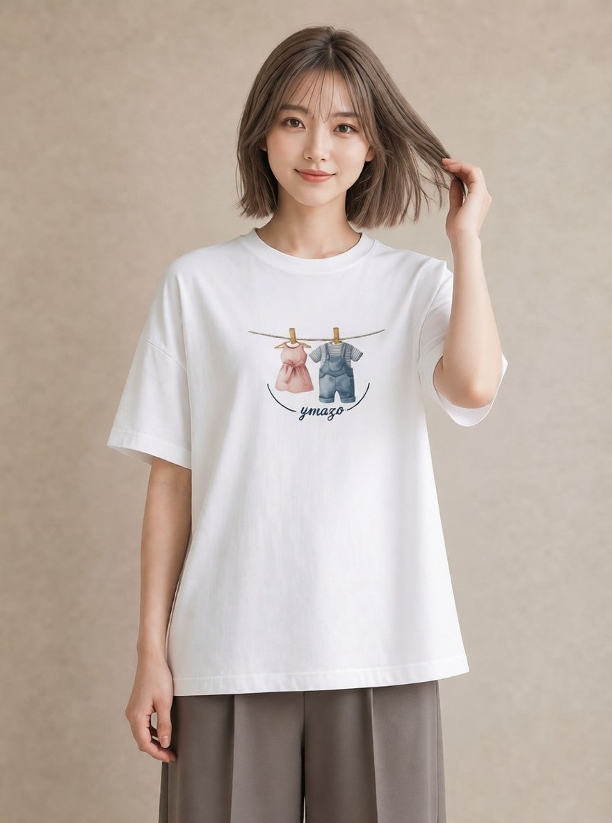 プリントTシャツ レディース 洗濯物 風 ナチュラル アンティーク イラスト 個性的 デイリーウェア 休日 白T