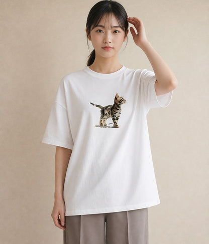 デザインTシャツ レディース 猫 ねこ イラスト アート風 海 カフェ巡り 白T