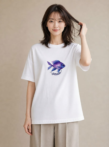 グラフィックTシャツ レディース マンボウ 海の生き物 海 イラスト シンプル 春服 ミセス 白T