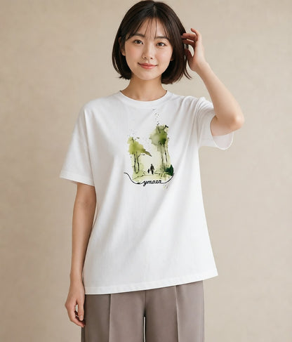 グラフィックTシャツ レディース 雨上がりの小道 雨上がり 小道 ナチュラル アンティーク イラスト フェミニン 綿100 デート 白T