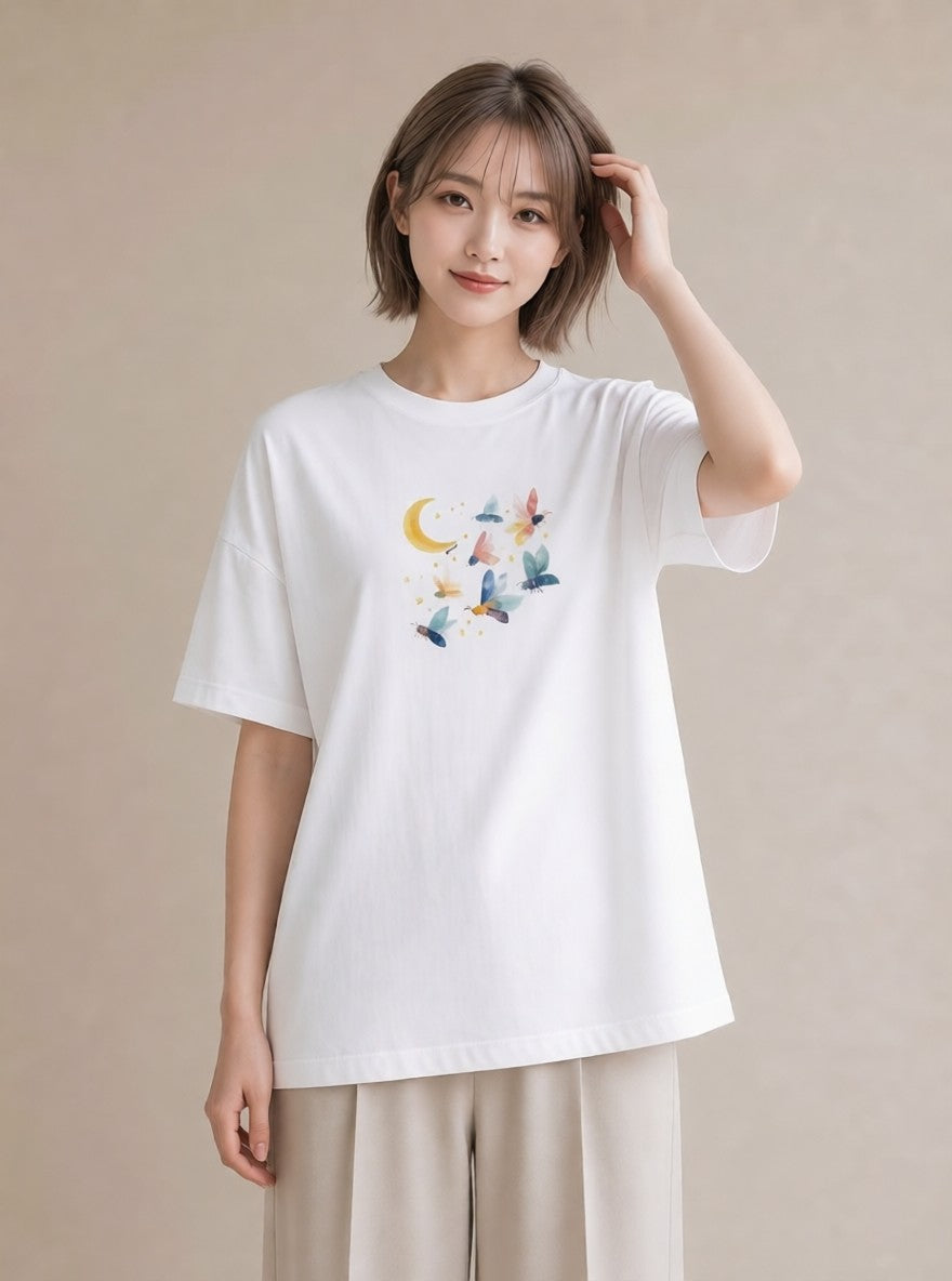 半袖Tシャツ レディース 月 星空 宇宙 イラスト お洒落 ホワイトデー 春服 白T