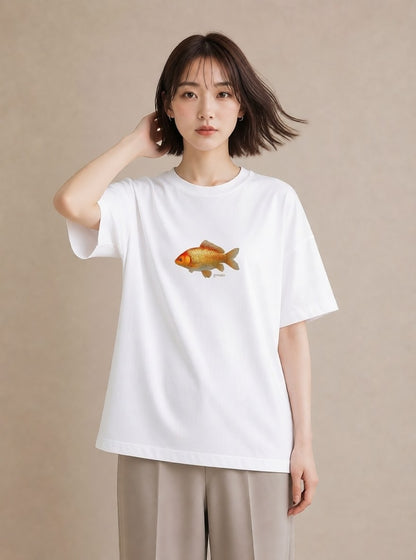 Tシャツ レディース らんちゅう ペット 動物 イラスト ニュアンス ビーチ デイリーウェア 白T