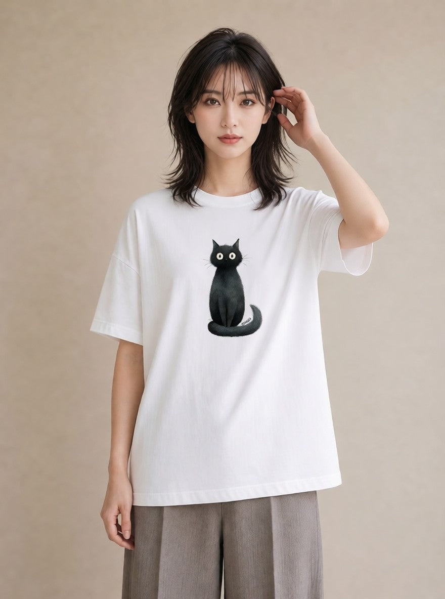 デザインTシャツ レディース 黒猫 猫 ねこ イラスト ナチュラル ママ カフェ服 白T