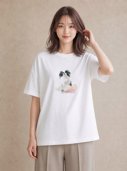 プリントTシャツ レディース 狆 犬 いぬ イラスト モード 友達ギフト 部屋着 白T