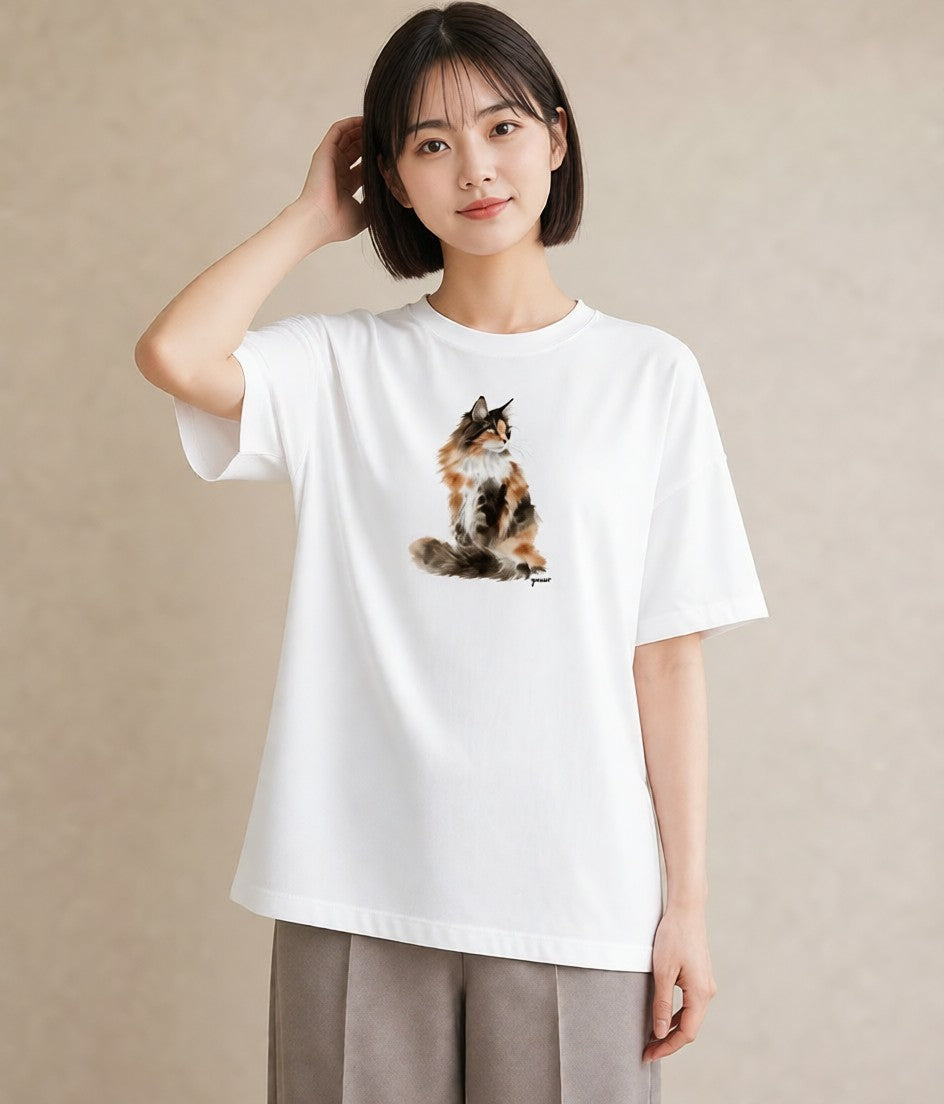 Tシャツ レディース ぶち猫 猫 ねこ イラスト 手描き風 普段着 週末コーデ 白T