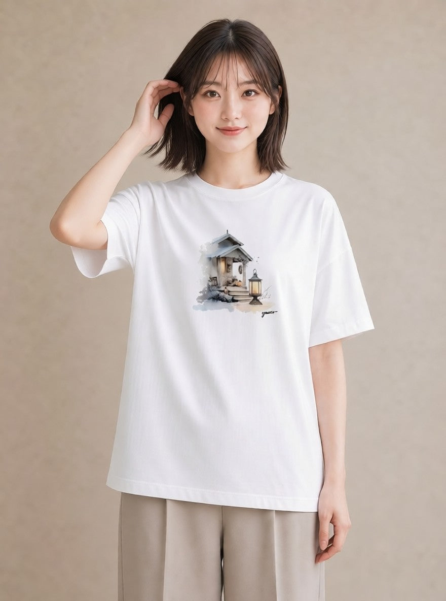 Tシャツ レディース 灯りの家 小屋 夜 ナチュラル アンティーク イラスト 可愛い 夏コーデ 通学 白T