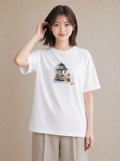 Tシャツ レディース 灯りの家 小屋 夜 ナチュラル アンティーク イラスト 可愛い 夏コーデ 通学 白T
