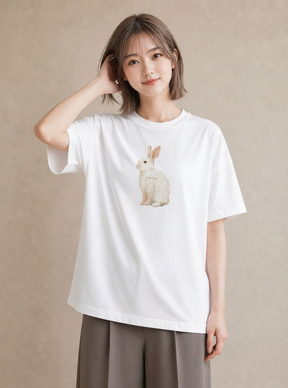 グラフィックTシャツ レディース ミニうさぎ ペット 動物 イラスト フェミニン 旅行用 海 白T