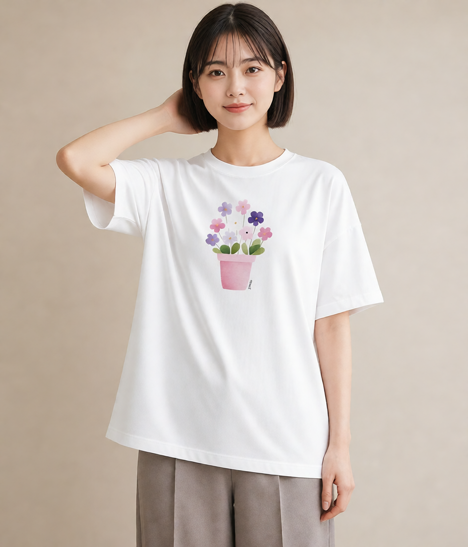 グラフィックTシャツ レディース パンジー 花 花柄 イラスト アート風 自分用 ルームウェア 白T