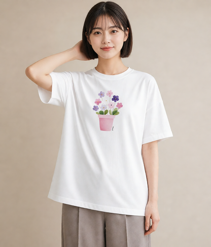 グラフィックTシャツ レディース パンジー 花 花柄 イラスト アート風 自分用 ルームウェア 白T