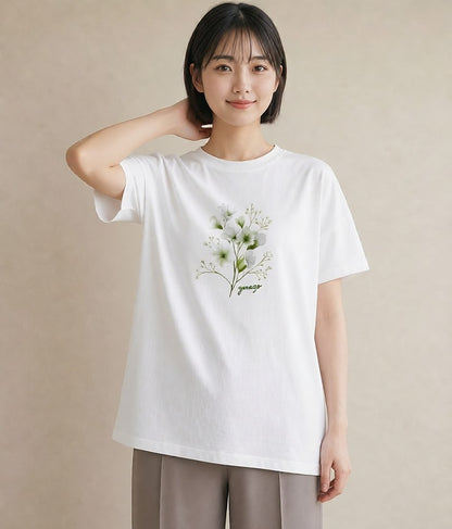 グラフィックTシャツ レディース カスミソウ かすみ草 花 花柄 イラスト 手描き風 お出かけ 普段着 白T