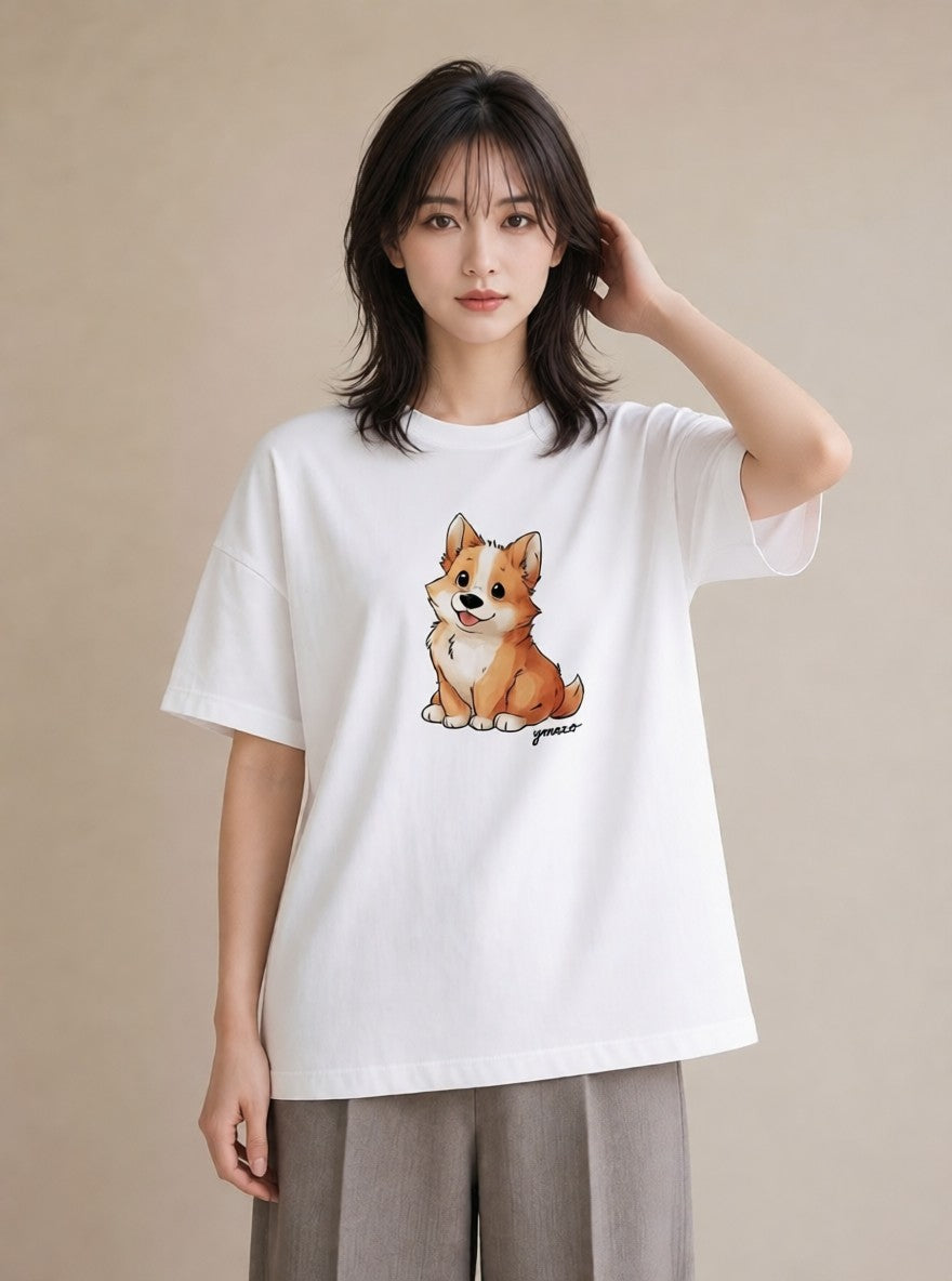 プリントTシャツ レディース ウェルシュコーギー コーギー 犬 いぬ イラスト ヴィンテージ風 旅行用 海 白T