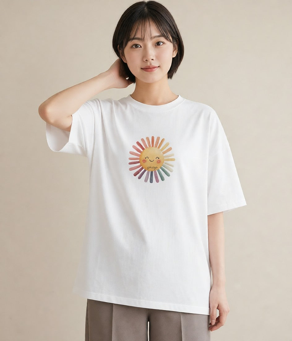 半袖Tシャツ レディース 太陽 星空 宇宙 イラスト 韓国風 カフェ服 クリスマス 白T