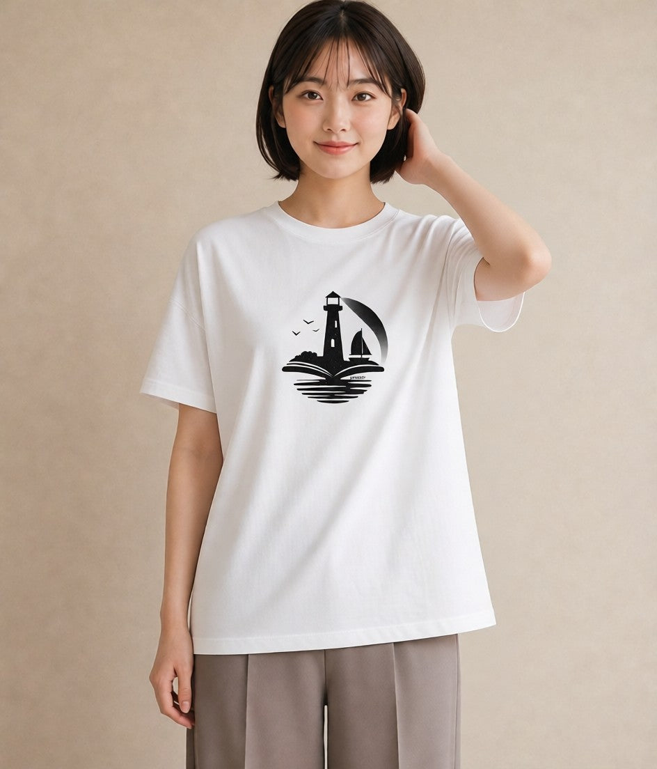 グラフィックTシャツ レディース 灯台 霧 海 ナチュラル アンティーク イラスト 個性的 ホワイトデー 春服 白T