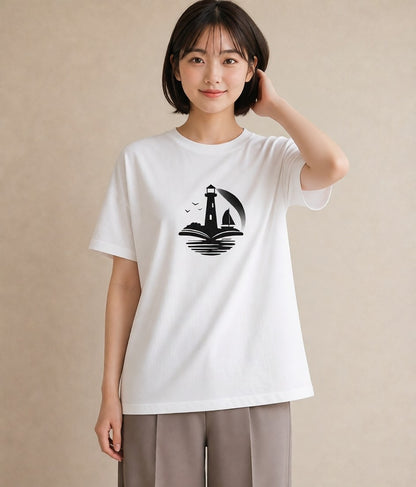 グラフィックTシャツ レディース 灯台 霧 海 ナチュラル アンティーク イラスト 個性的 ホワイトデー 春服 白T