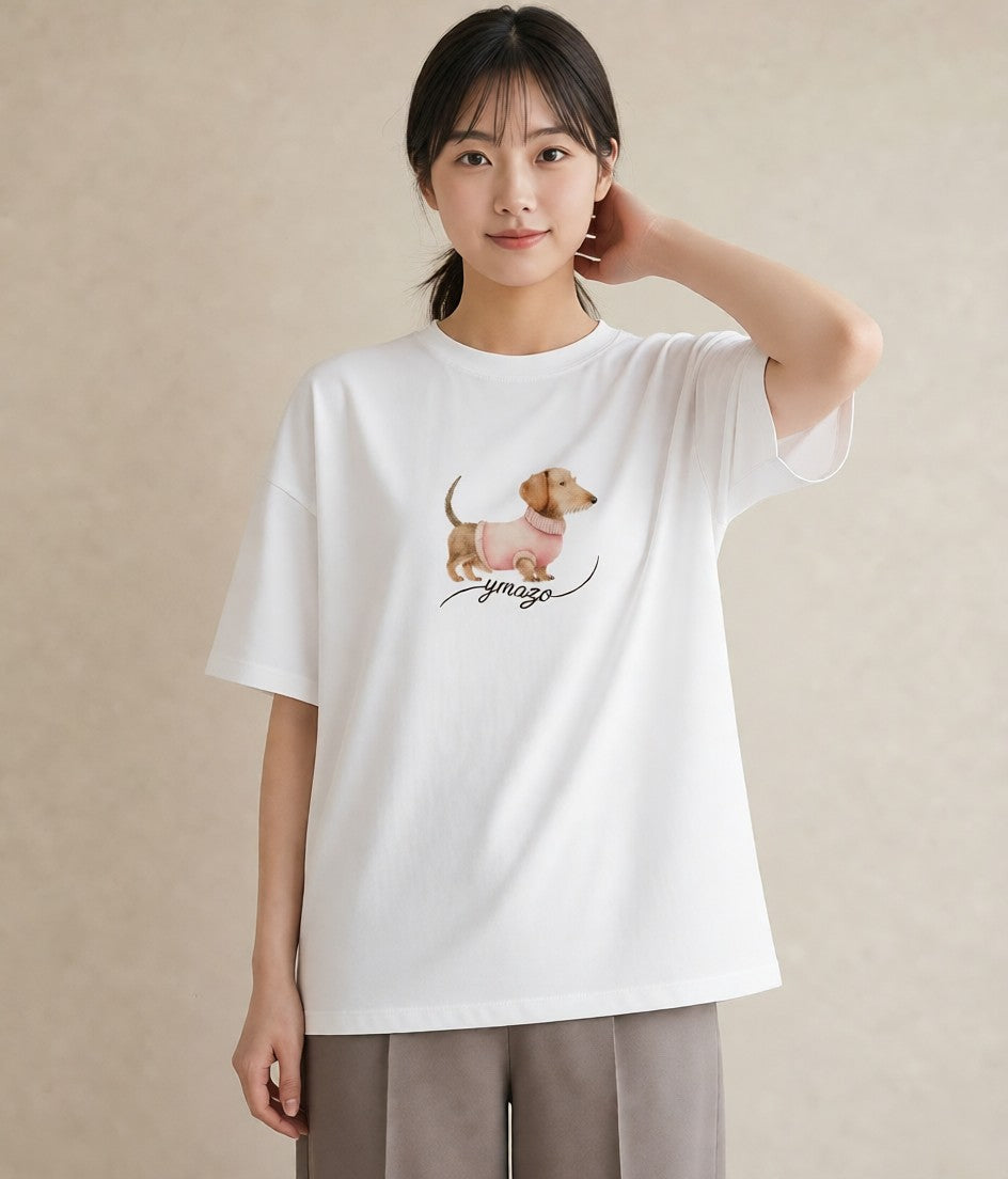 Tシャツ レディース ミニチュアダックスフンド 犬 いぬ イラスト ナチュラル 友達ギフト 部屋着 白T