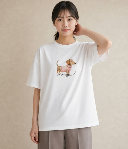 Tシャツ レディース ミニチュアダックスフンド 犬 いぬ イラスト ナチュラル 友達ギフト 部屋着 白T