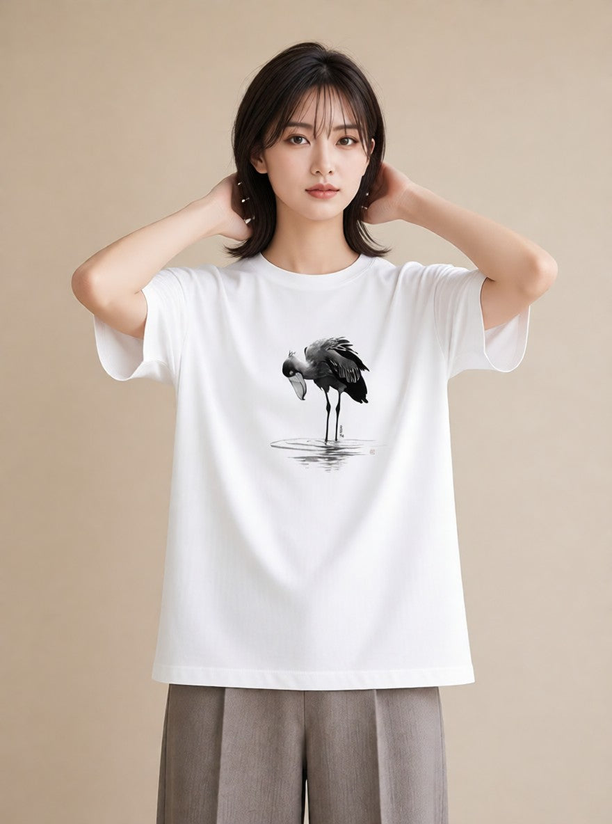 半袖Tシャツ レディース ハシビロコウ 動物 アニマル イラスト アート風 ママ カフェ服 白T