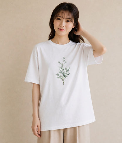 グラフィックTシャツ レディース ハーブ 植物 ボタニカル イラスト 線画 休日 ペアコーデ 白T