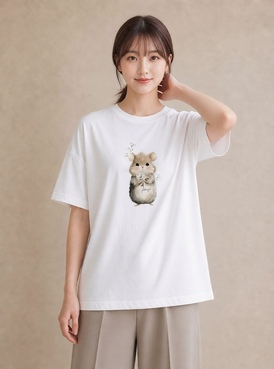 プリントTシャツ レディース キンクマハムスター ペット 動物 イラスト カジュアル 公園 ママ 白T