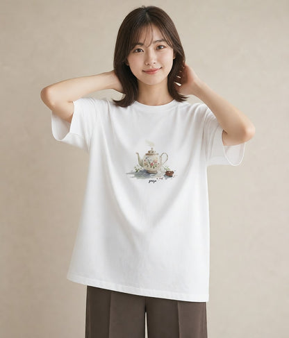 半袖Tシャツ レディース ハーブティー 食べ物 フード イラスト レトロ 春コーデ 姉妹 白T