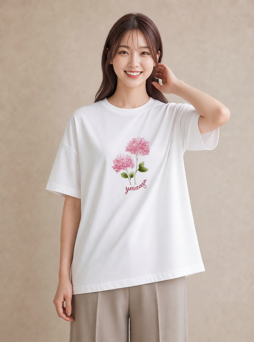 半袖Tシャツ レディース あじさい 紫陽花 アジサイ 花 花柄 イラスト 線画 休日 ペアコーデ 白T