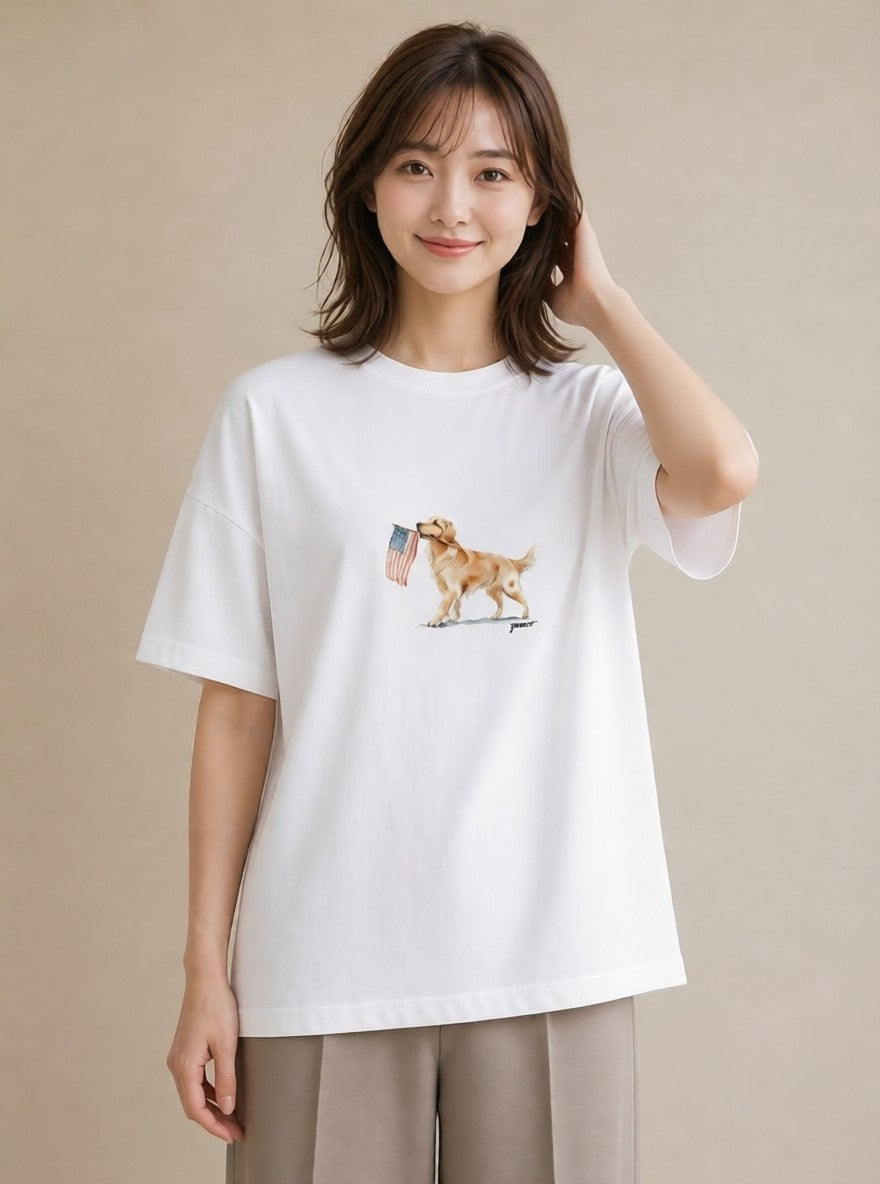 デザインTシャツ レディース ゴールデンレトリバー ゴールデン 犬 いぬ イラスト ガーリー カフェ服 クリスマス 白T