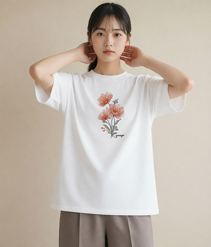 デザインTシャツ レディース コスモス 秋桜 花 花柄 イラスト 水彩風 姉妹 送別ギフト 白T