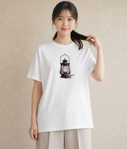 半袖Tシャツ レディース 街灯 夜霧 夜 ナチュラル アンティーク イラスト レトロ レイヤード 友達ギフト 白T