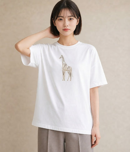 プリントTシャツ レディース きりん 動物 アニマル イラスト 抜け感 社会人 女性 白T