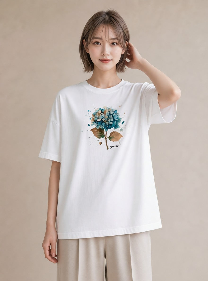 デザインTシャツ レディース あじさい 紫陽花 アジサイ 花 花柄 イラスト お洒落 カフェ服 クリスマス 白T