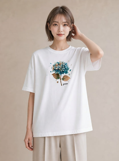 デザインTシャツ レディース あじさい 紫陽花 アジサイ 花 花柄 イラスト お洒落 カフェ服 クリスマス 白T