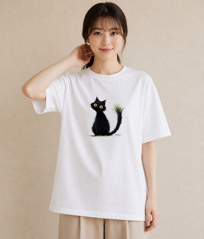 グラフィックTシャツ レディース 黒猫 猫 ねこ イラスト きれいめ おしゃれギフト 社会人 白T