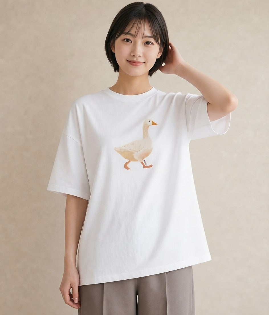 半袖Tシャツ レディース アヒル 動物 アニマル イラスト 普段使い 春コーデ 姉妹 白T