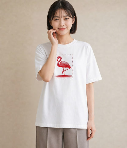 デザインTシャツ レディース フラミンゴ 動物 アニマル イラスト 上品 買い物 夏コーデ 白T