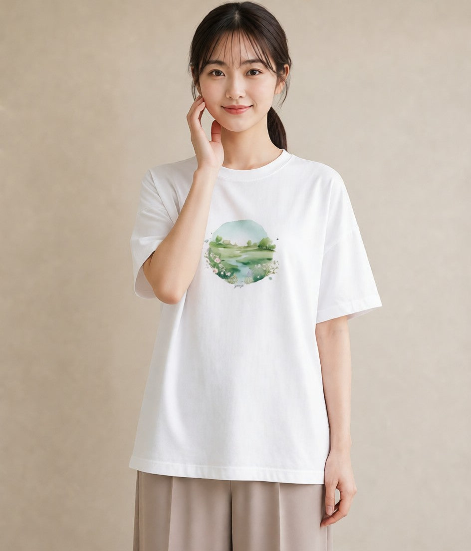グラフィックTシャツ レディース 小川 橋 せせらぎ ナチュラル アンティーク イラスト アート風 母の日 ビーチ 白T