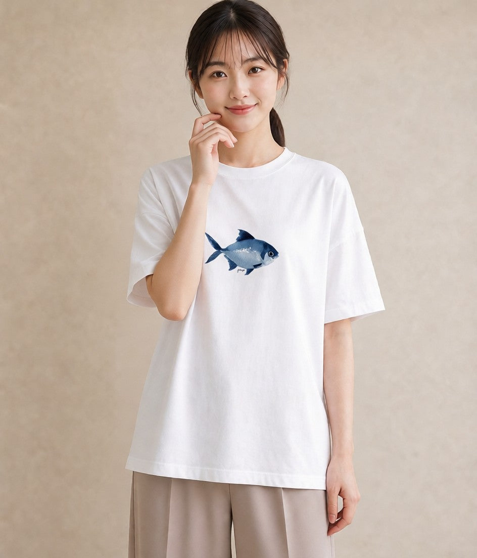 半袖Tシャツ レディース メダカ ペット 動物 イラスト 韓国風 ミセス 春コーデ 白T