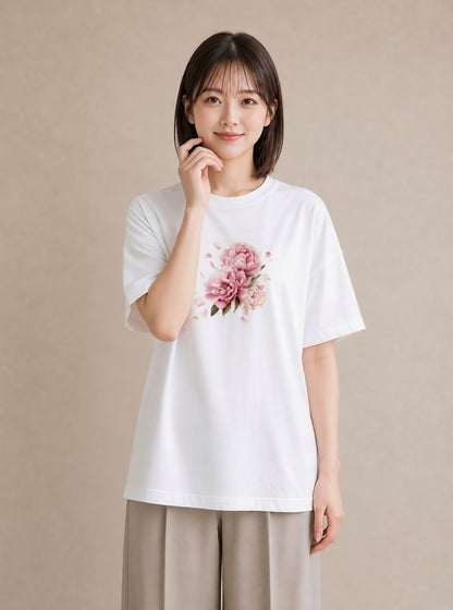 グラフィックTシャツ レディース 椿 花 花柄 イラスト 休日コーデ 送別ギフト 通勤 白T