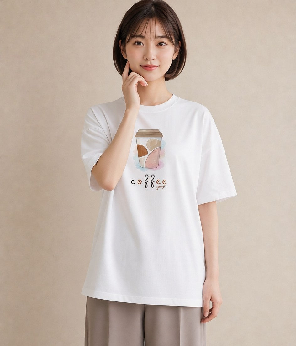 グラフィックTシャツ レディース コーヒー カフェ 珈琲 イラスト ニュアンス 散歩 お出かけ 白T
