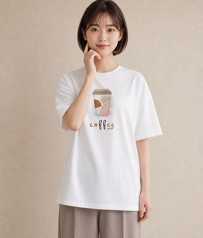 グラフィックTシャツ レディース コーヒー カフェ 珈琲 イラスト ニュアンス 散歩 お出かけ 白T